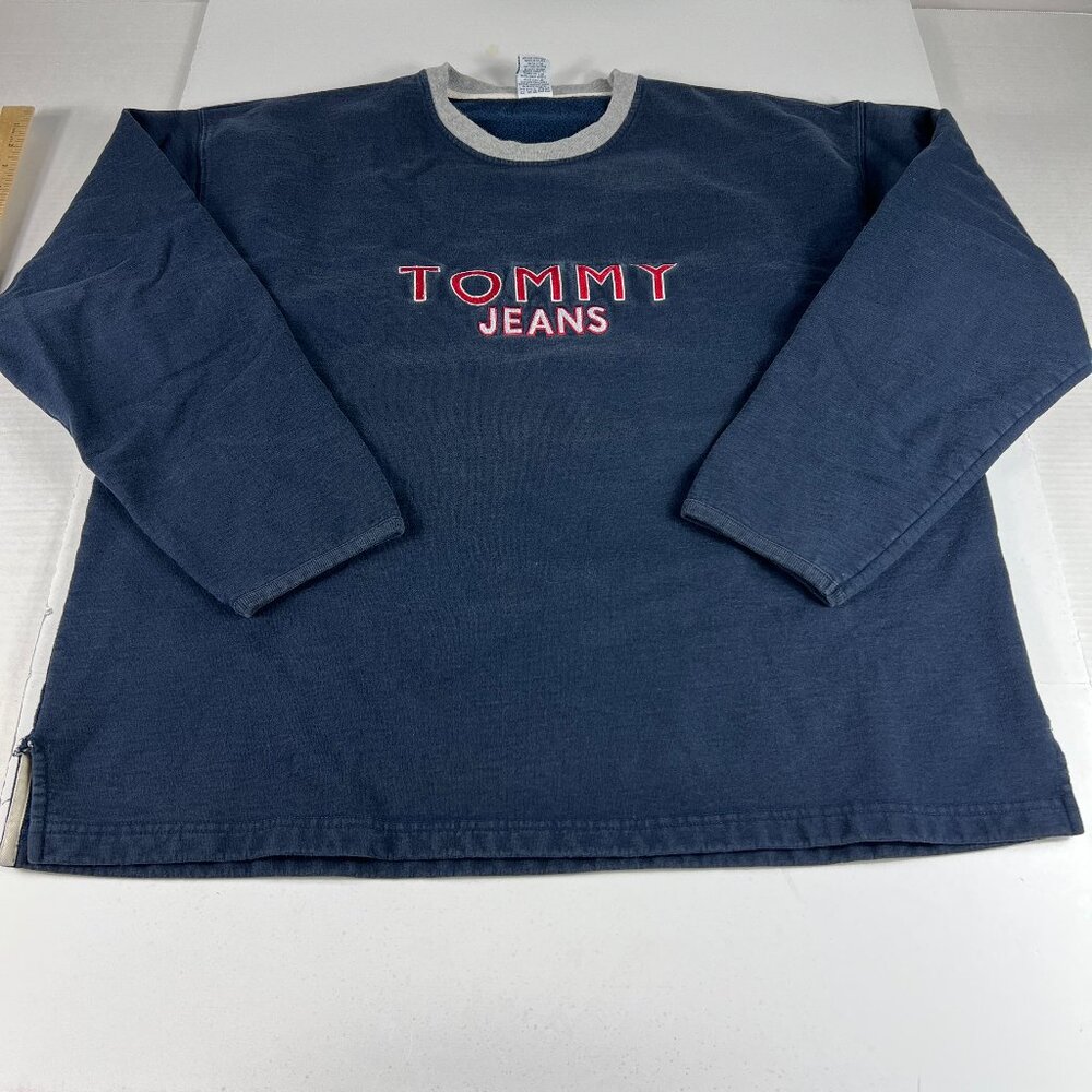 Y2K Tommy Jeans Sweatshirt Extra Extra Large Blue & Grey Faded Logo Crewneck